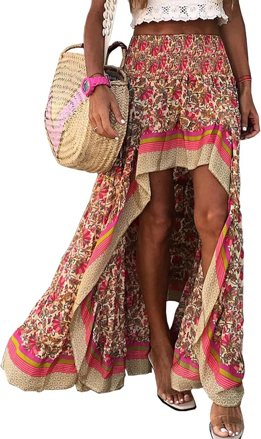 BTFBM Women 2025 Summer Spring Boho Long Skirts Dress Floral Print Elastic Waist Split Ruffle High Low Beach Maxi Skirt