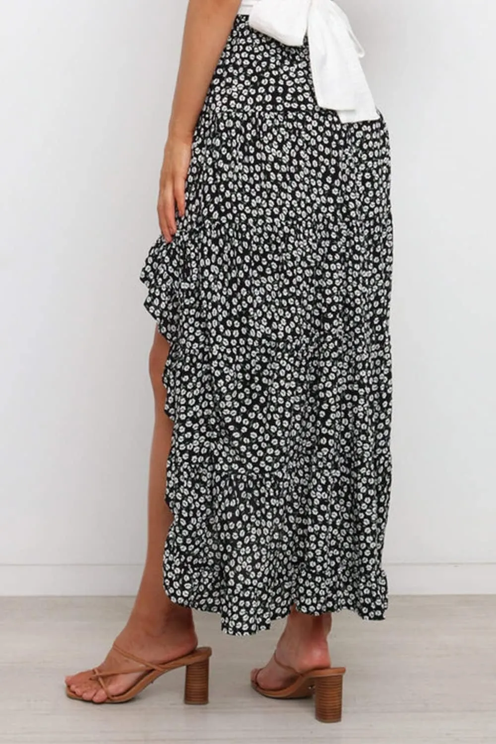 BTFBM Women 2025 Summer Spring Boho Long Skirts Dress Floral Print Elastic Waist Split Ruffle High Low Beach Maxi Skirt