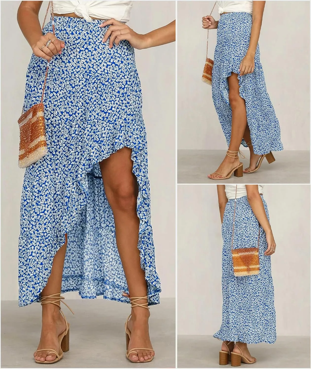 BTFBM Women 2025 Summer Spring Boho Long Skirts Dress Floral Print Elastic Waist Split Ruffle High Low Beach Maxi Skirt
