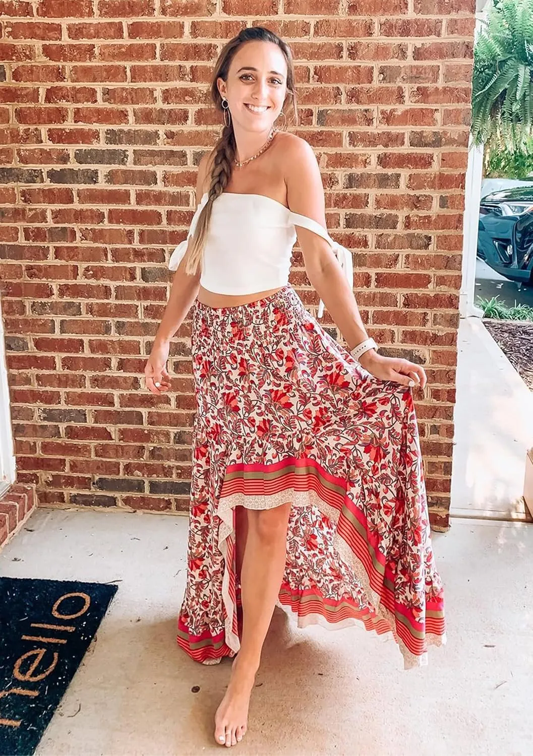 BTFBM Women 2025 Summer Spring Boho Long Skirts Dress Floral Print Elastic Waist Split Ruffle High Low Beach Maxi Skirt