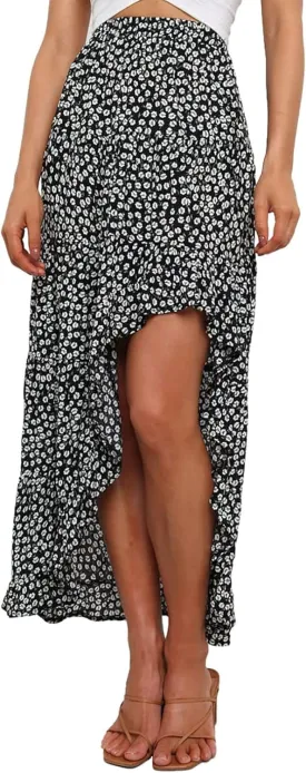 BTFBM Women 2025 Summer Spring Boho Long Skirts Dress Floral Print Elastic Waist Split Ruffle High Low Beach Maxi Skirt
