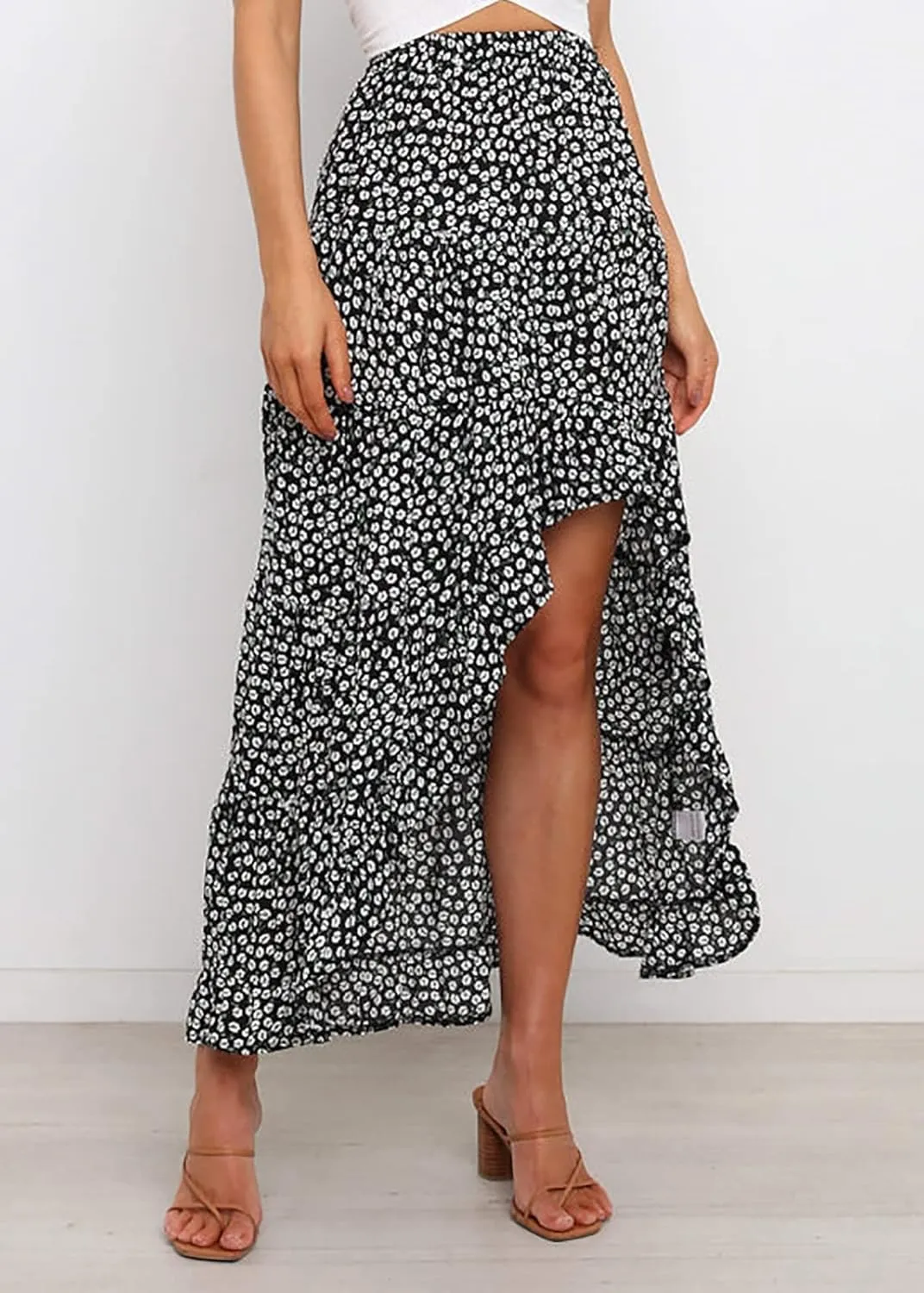 BTFBM Women 2025 Summer Spring Boho Long Skirts Dress Floral Print Elastic Waist Split Ruffle High Low Beach Maxi Skirt