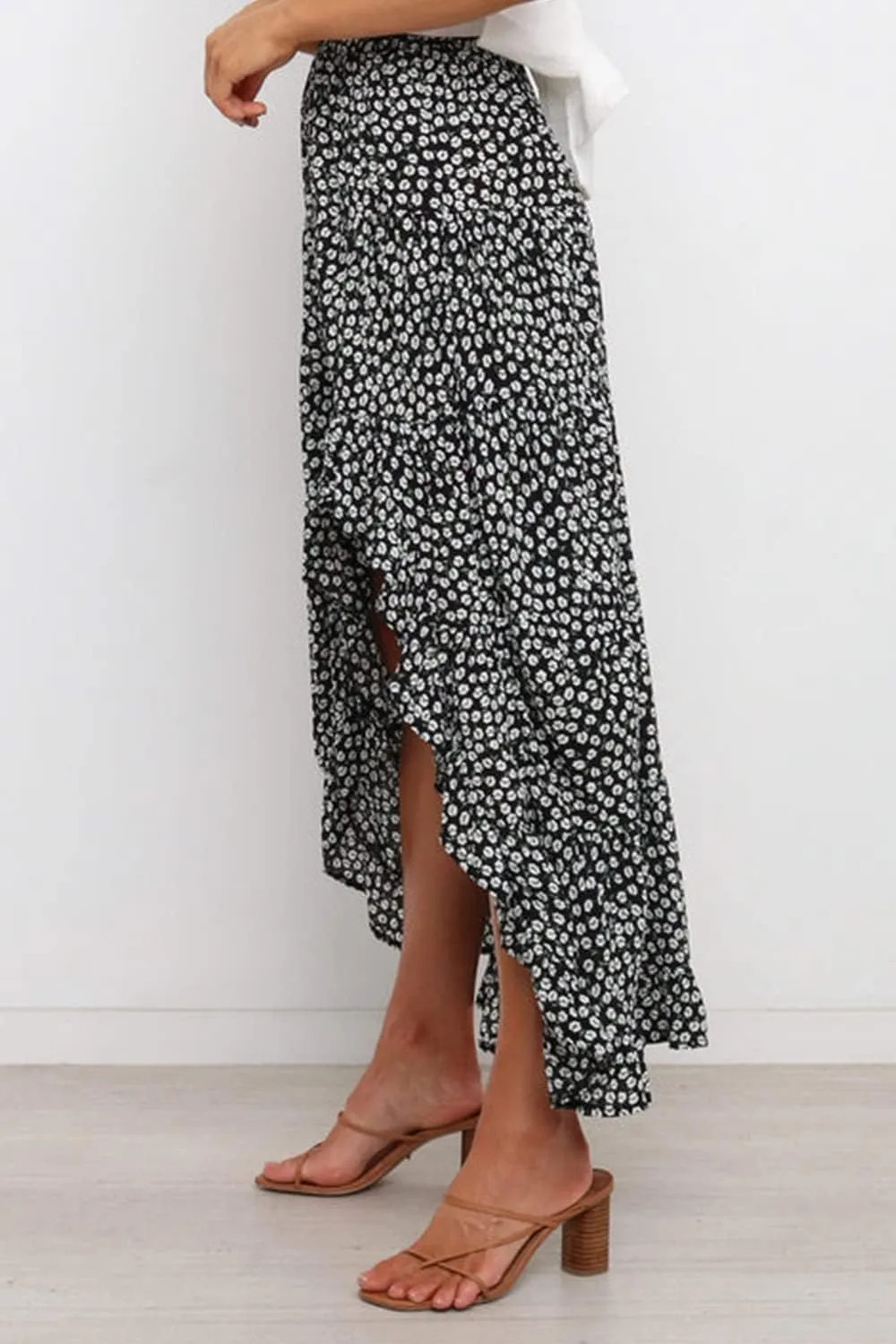 BTFBM Women 2025 Summer Spring Boho Long Skirts Dress Floral Print Elastic Waist Split Ruffle High Low Beach Maxi Skirt