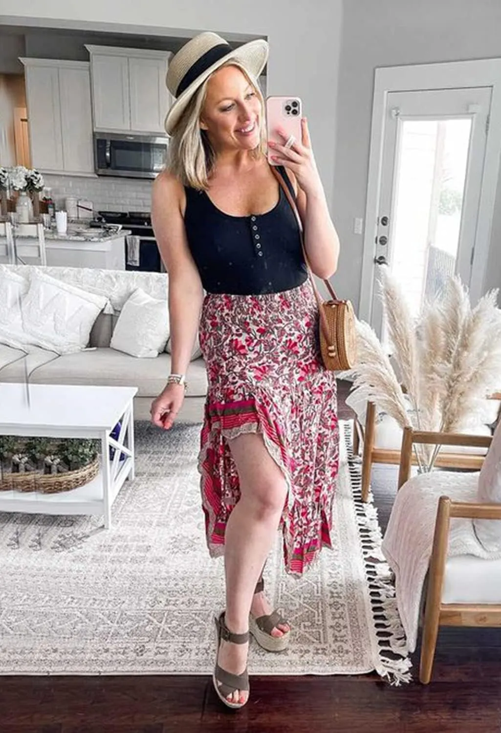 BTFBM Women 2025 Summer Spring Boho Long Skirts Dress Floral Print Elastic Waist Split Ruffle High Low Beach Maxi Skirt