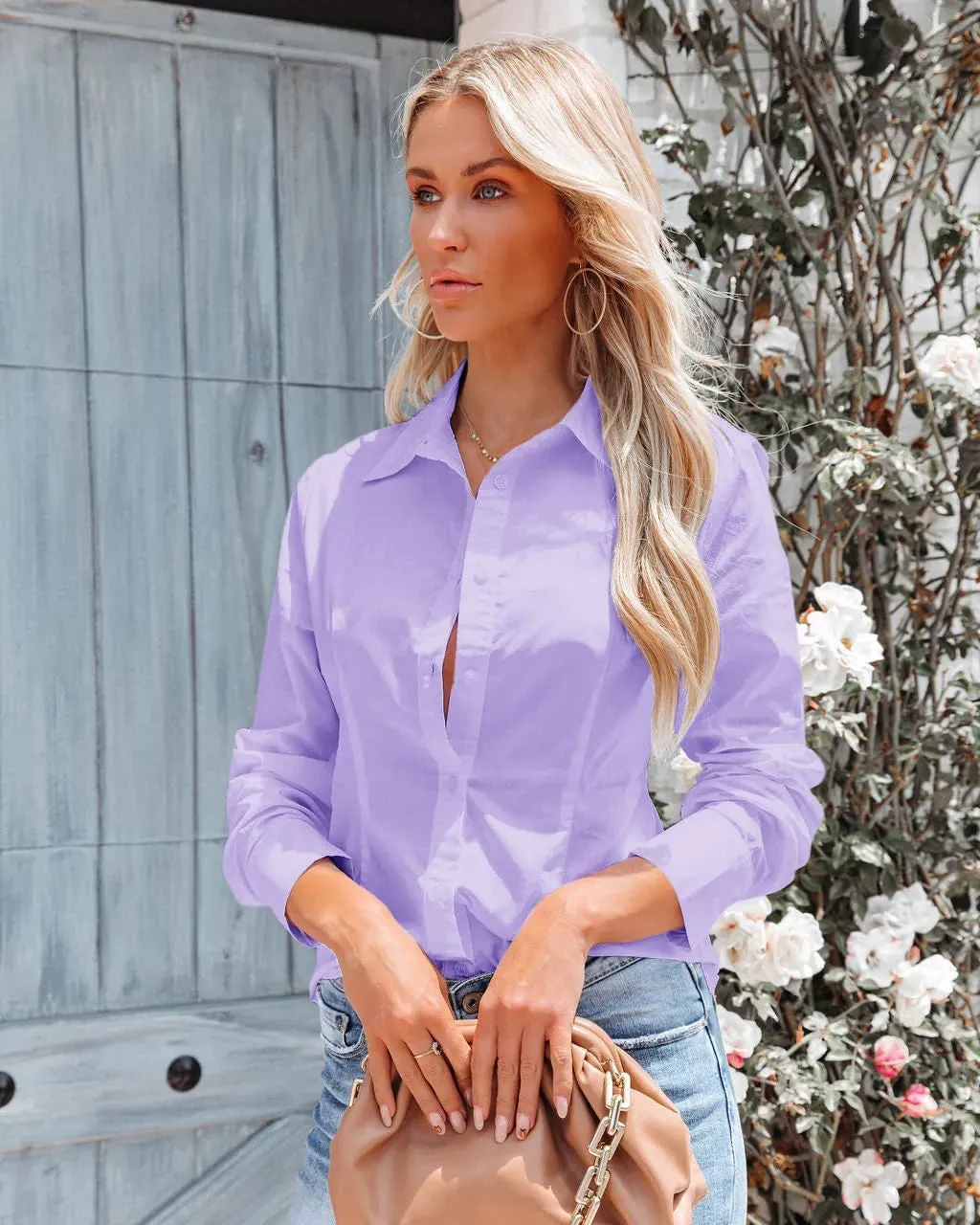 Button Down Shirts for Women Long Sleeve Dress Shirts Slim Fit Wrinkle Free Collared Blouse Work Office Blouse Tops