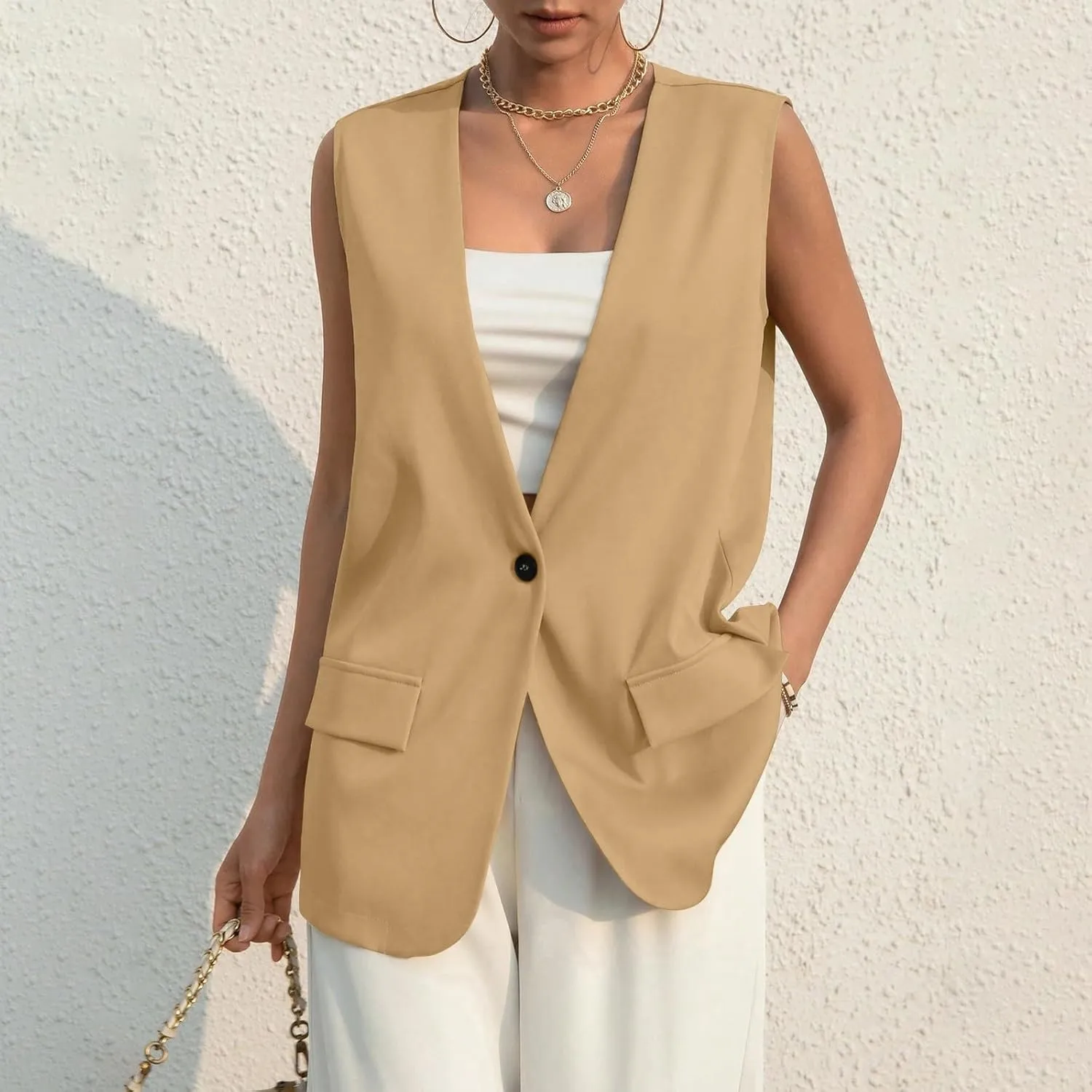 Button Suit Vest Women 2024 Collarless Sleeveless Blazer Jackets Loose Fashion Casual Open Front Vest Pockets