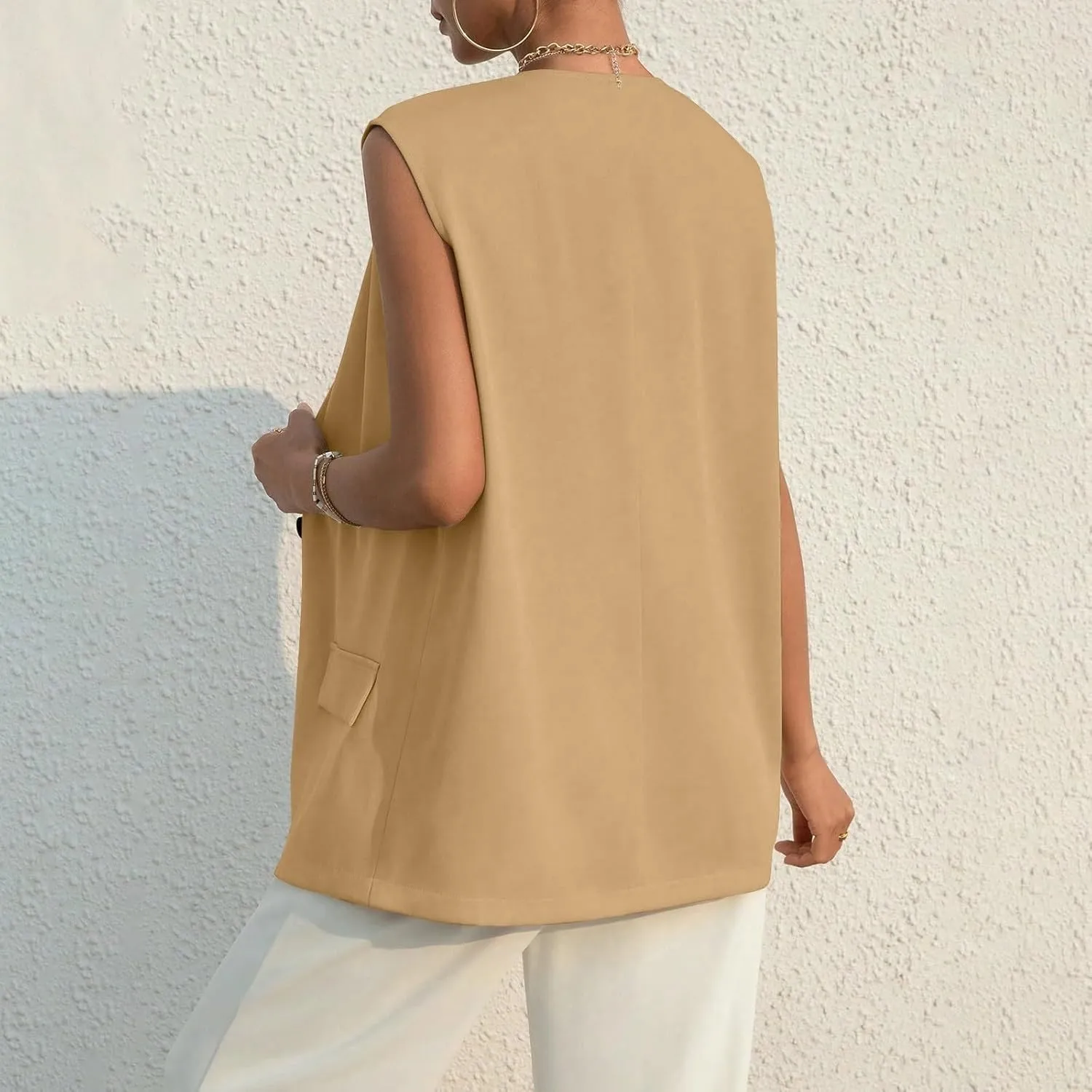 Button Suit Vest Women 2024 Collarless Sleeveless Blazer Jackets Loose Fashion Casual Open Front Vest Pockets
