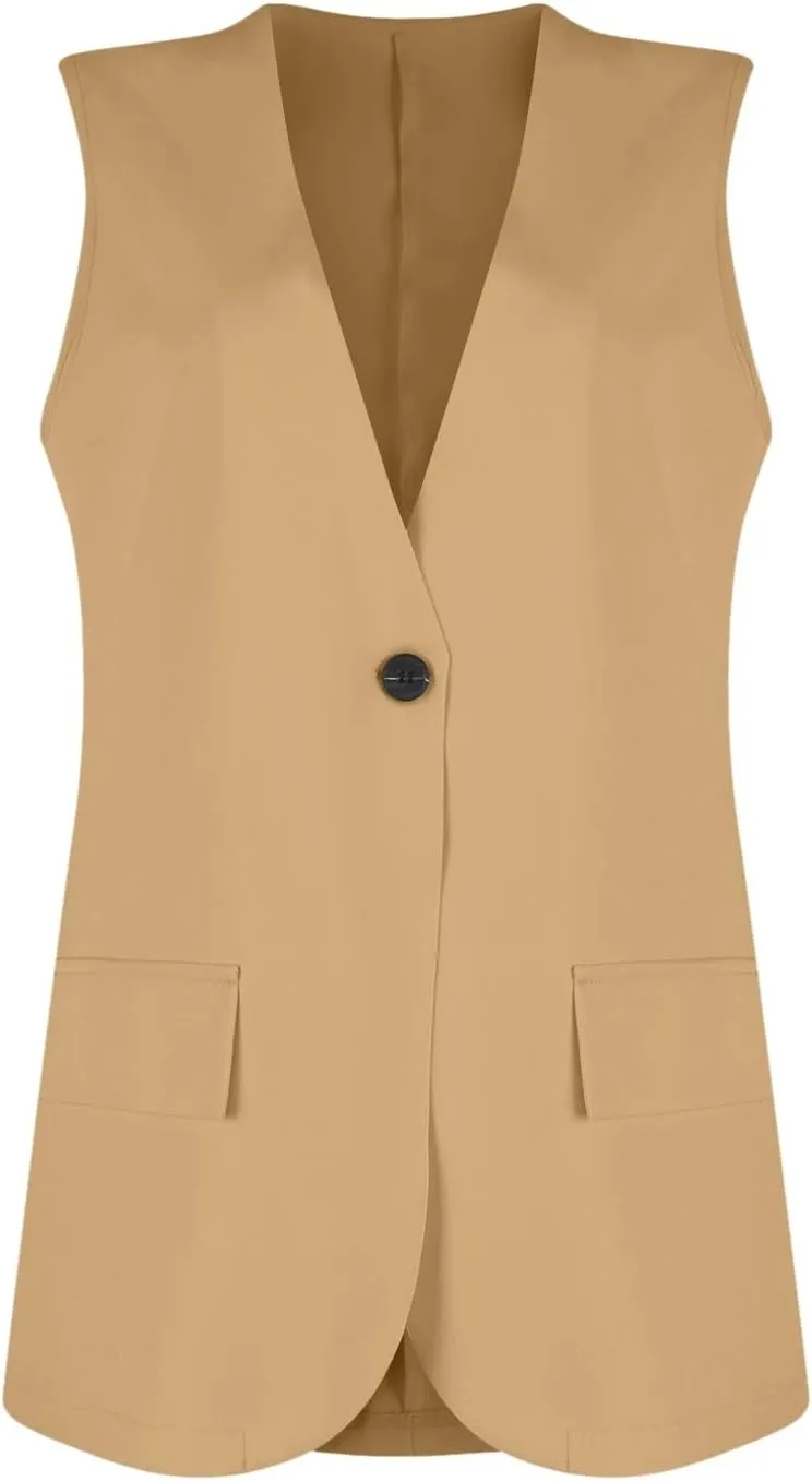 Button Suit Vest Women 2024 Collarless Sleeveless Blazer Jackets Loose Fashion Casual Open Front Vest Pockets