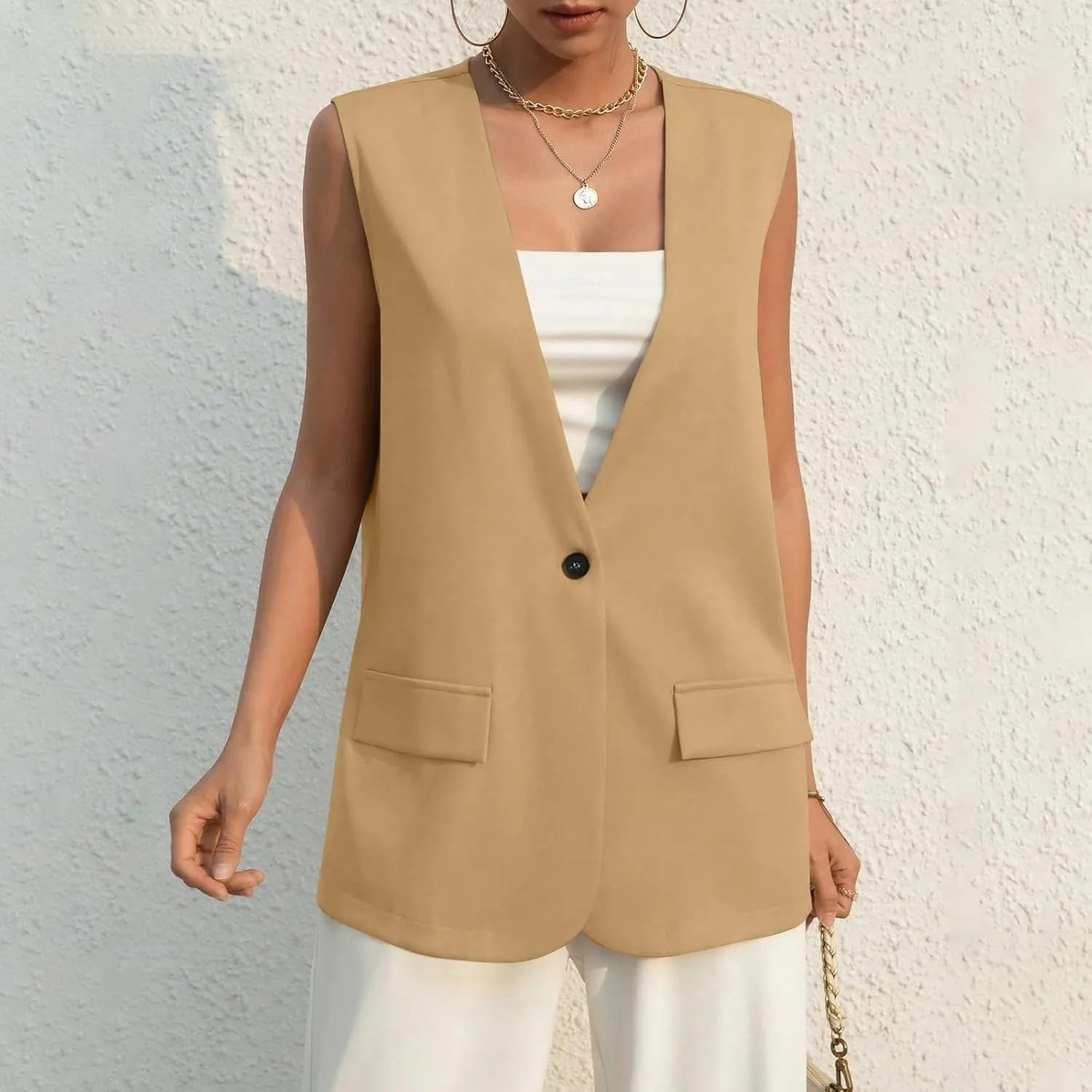 Button Suit Vest Women 2024 Collarless Sleeveless Blazer Jackets Loose Fashion Casual Open Front Vest Pockets