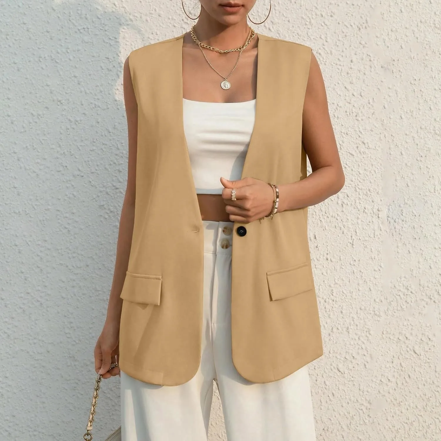 Button Suit Vest Women 2024 Collarless Sleeveless Blazer Jackets Loose Fashion Casual Open Front Vest Pockets