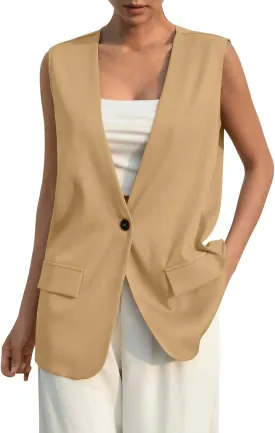 Button Suit Vest Women 2024 Collarless Sleeveless Blazer Jackets Loose Fashion Casual Open Front Vest Pockets