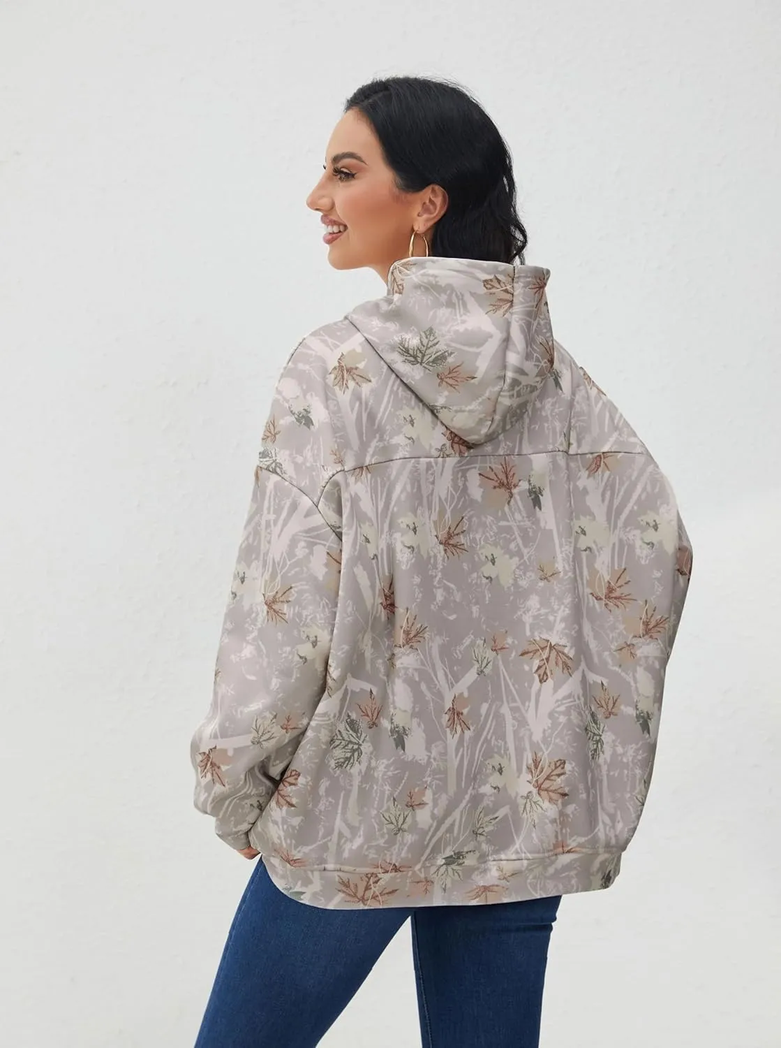 Camo Hoodie for Men Women Oversized Fleece Maple Leaf Hooded Sweatshirt Graphic Print Pullover Hoodies with Pocket
