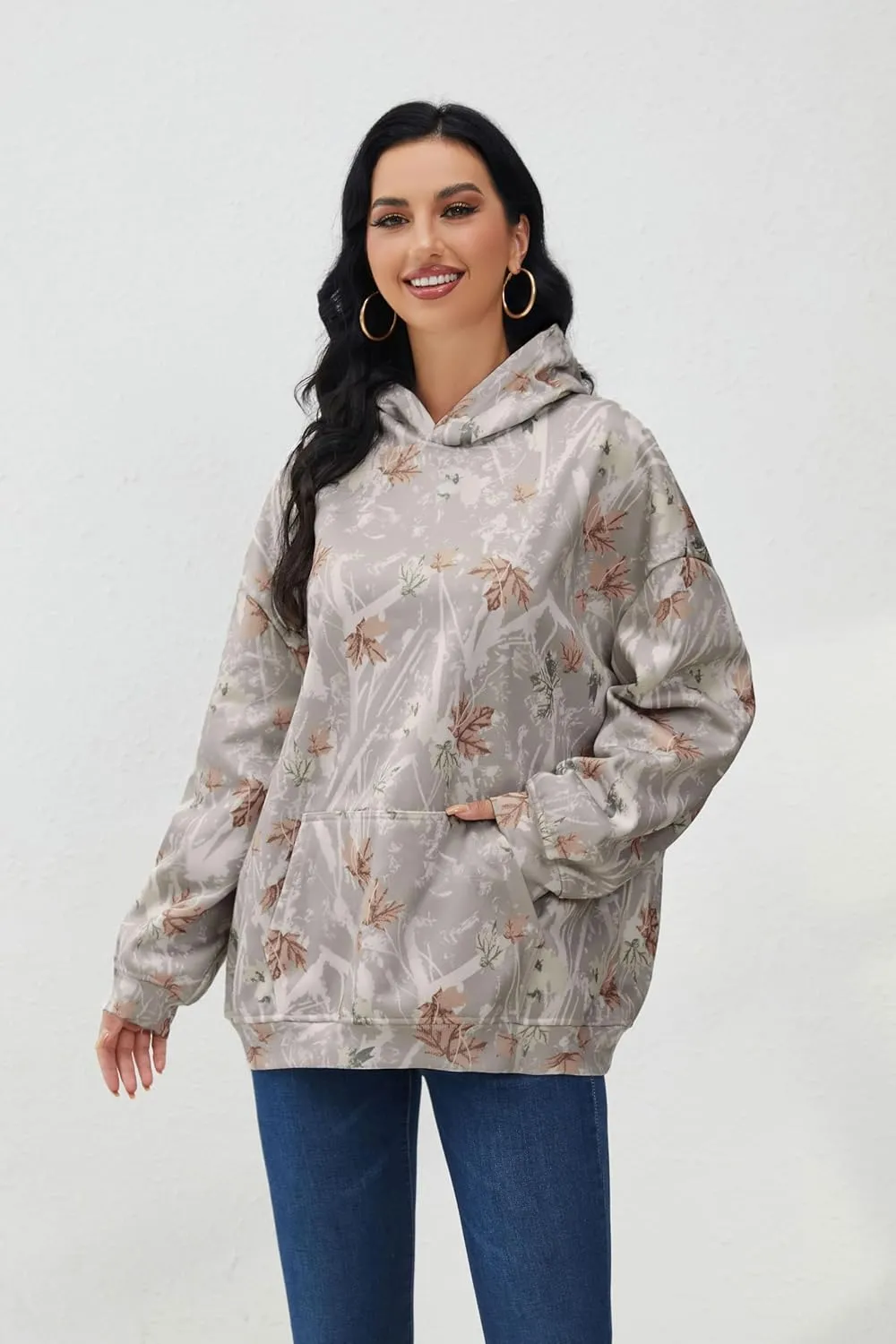Camo Hoodie for Men Women Oversized Fleece Maple Leaf Hooded Sweatshirt Graphic Print Pullover Hoodies with Pocket