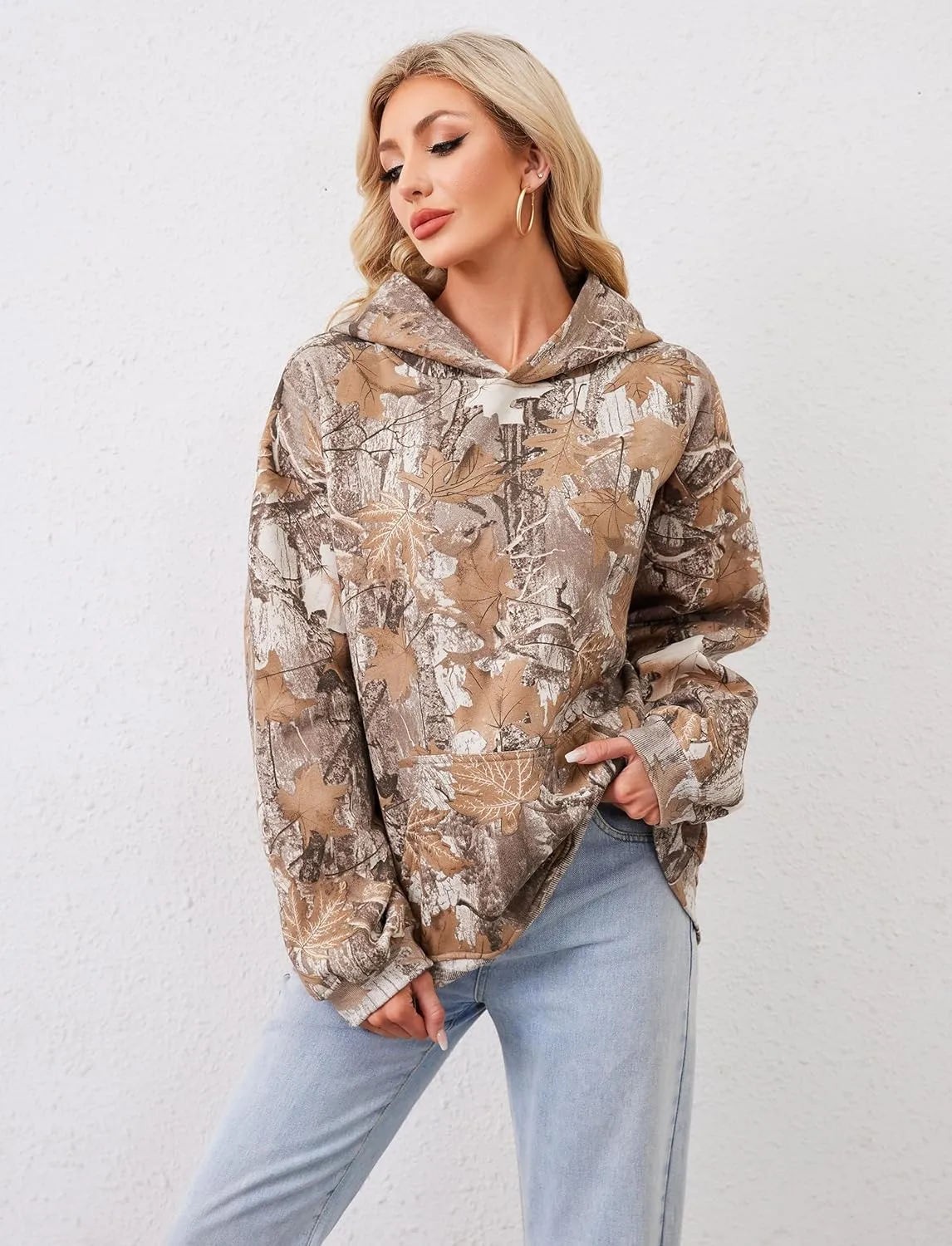 Camo Hoodie For Women Oversized Long Sleeve Drop Shoulder Fleece Hooded Sweatshirt Pullover With Pocket Outfits