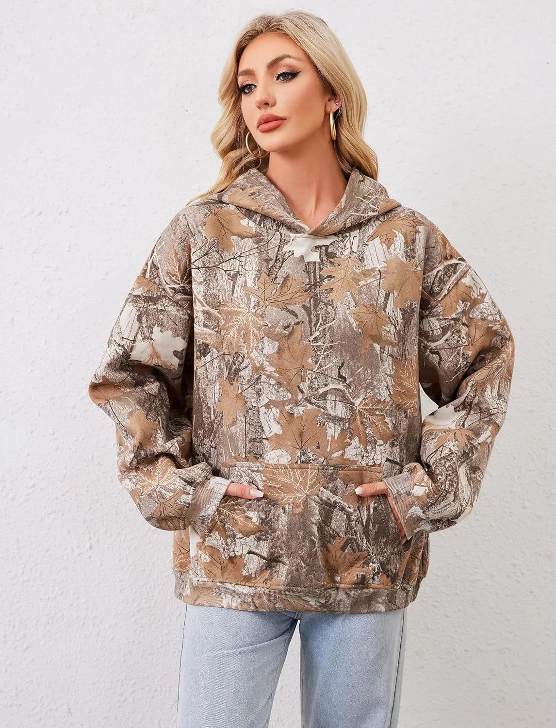 Camo Hoodie For Women Oversized Long Sleeve Drop Shoulder Fleece Hooded Sweatshirt Pullover With Pocket Outfits