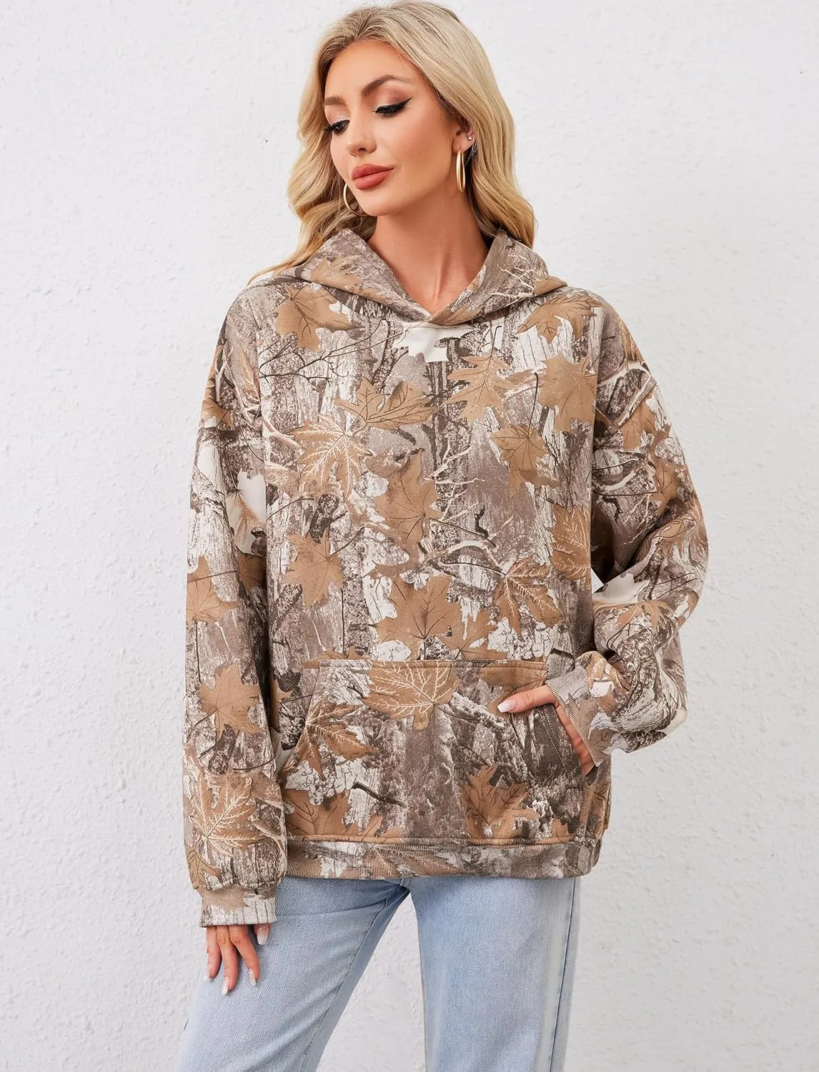 Camo Hoodie For Women Oversized Long Sleeve Drop Shoulder Fleece Hooded Sweatshirt Pullover With Pocket Outfits