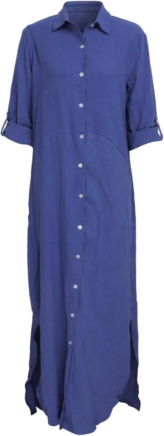 Chatinction Women Solid Color 3/4 Rolled-Up Sleeve Dress Sexy Buttons Down Side Slit Shirts Maxi Dresses