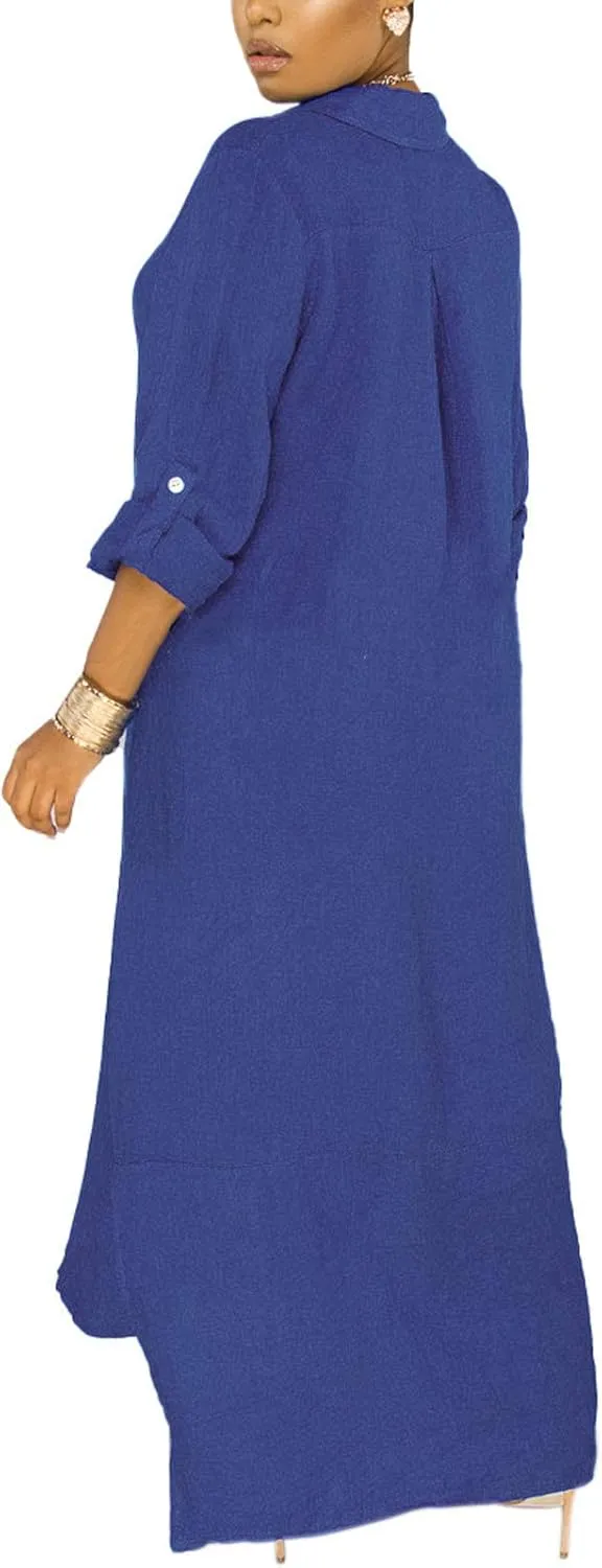 Chatinction Women Solid Color 3/4 Rolled-Up Sleeve Dress Sexy Buttons Down Side Slit Shirts Maxi Dresses