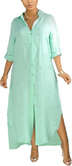Chatinction Women Solid Color 3/4 Rolled-Up Sleeve Dress Sexy Buttons Down Side Slit Shirts Maxi Dresses
