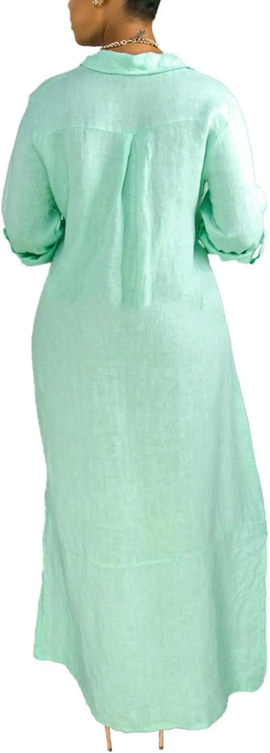 Chatinction Women Solid Color 3/4 Rolled-Up Sleeve Dress Sexy Buttons Down Side Slit Shirts Maxi Dresses