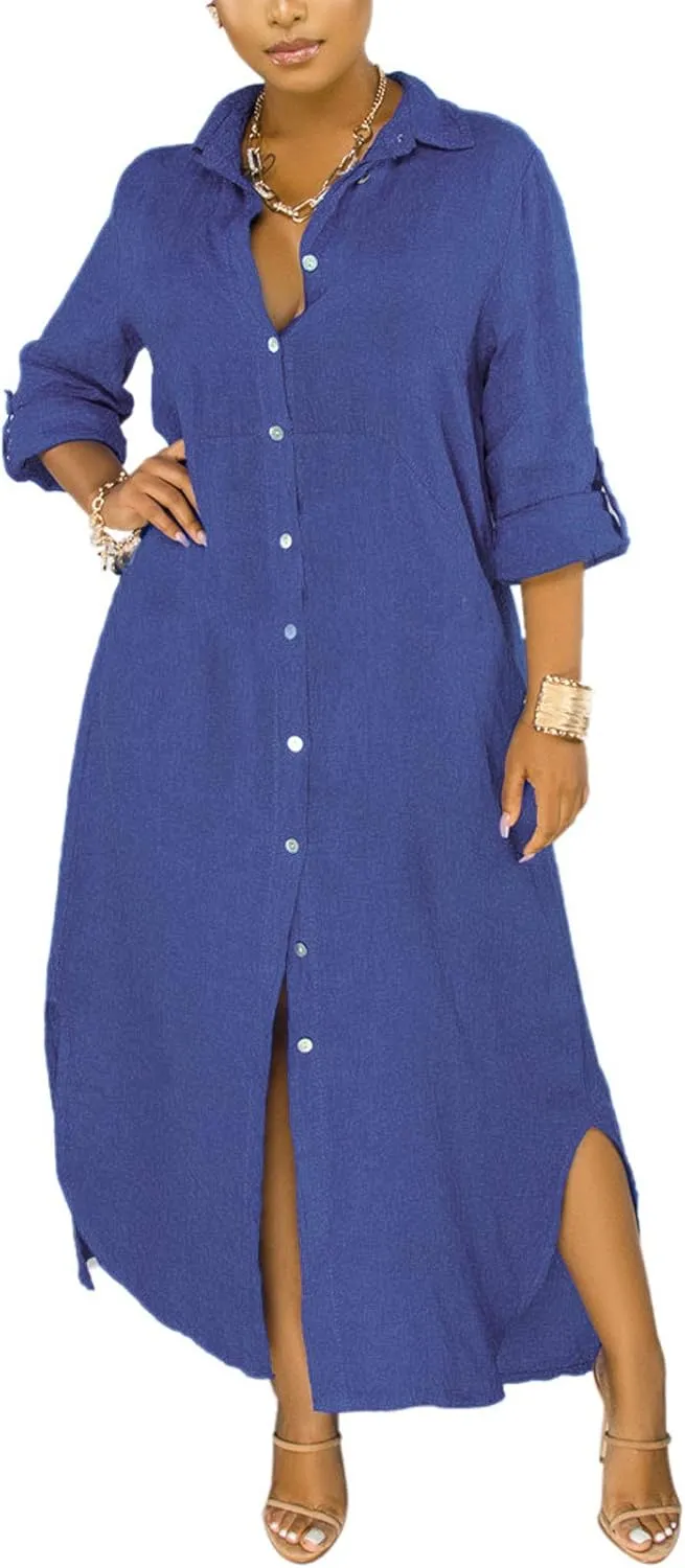 Chatinction Women Solid Color 3/4 Rolled-Up Sleeve Dress Sexy Buttons Down Side Slit Shirts Maxi Dresses