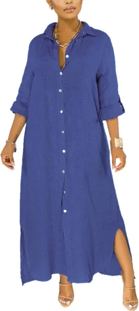 Chatinction Women Solid Color 3/4 Rolled-Up Sleeve Dress Sexy Buttons Down Side Slit Shirts Maxi Dresses