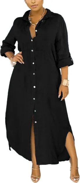Chatinction Women Solid Color 3/4 Rolled-Up Sleeve Dress Sexy Buttons Down Side Slit Shirts Maxi Dresses