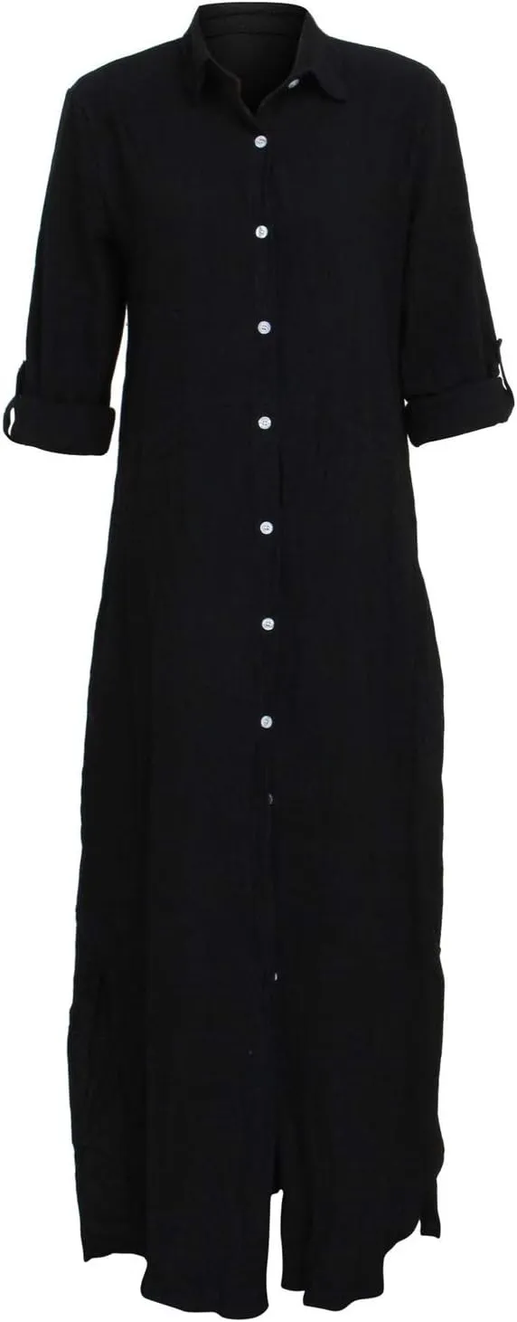 Chatinction Women Solid Color 3/4 Rolled-Up Sleeve Dress Sexy Buttons Down Side Slit Shirts Maxi Dresses