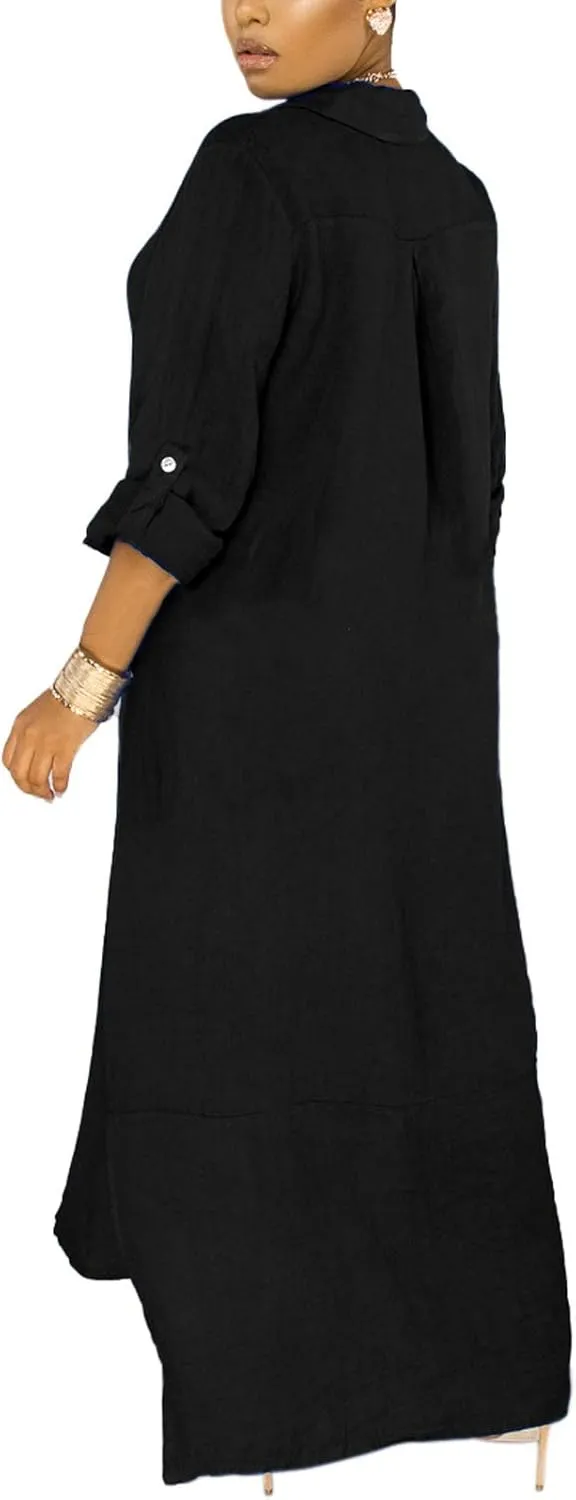 Chatinction Women Solid Color 3/4 Rolled-Up Sleeve Dress Sexy Buttons Down Side Slit Shirts Maxi Dresses