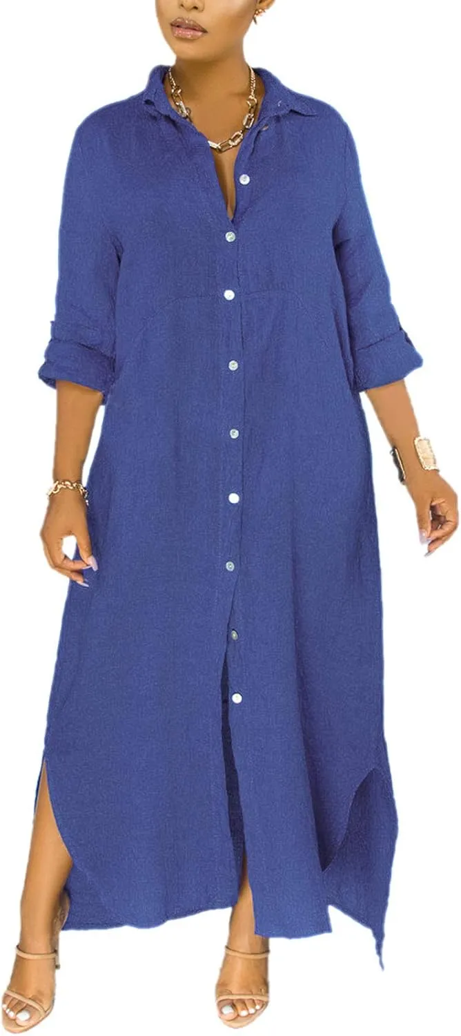 Chatinction Women Solid Color 3/4 Rolled-Up Sleeve Dress Sexy Buttons Down Side Slit Shirts Maxi Dresses
