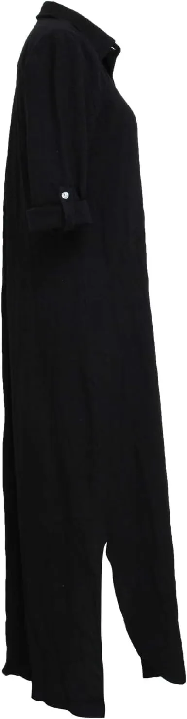 Chatinction Women Solid Color 3/4 Rolled-Up Sleeve Dress Sexy Buttons Down Side Slit Shirts Maxi Dresses