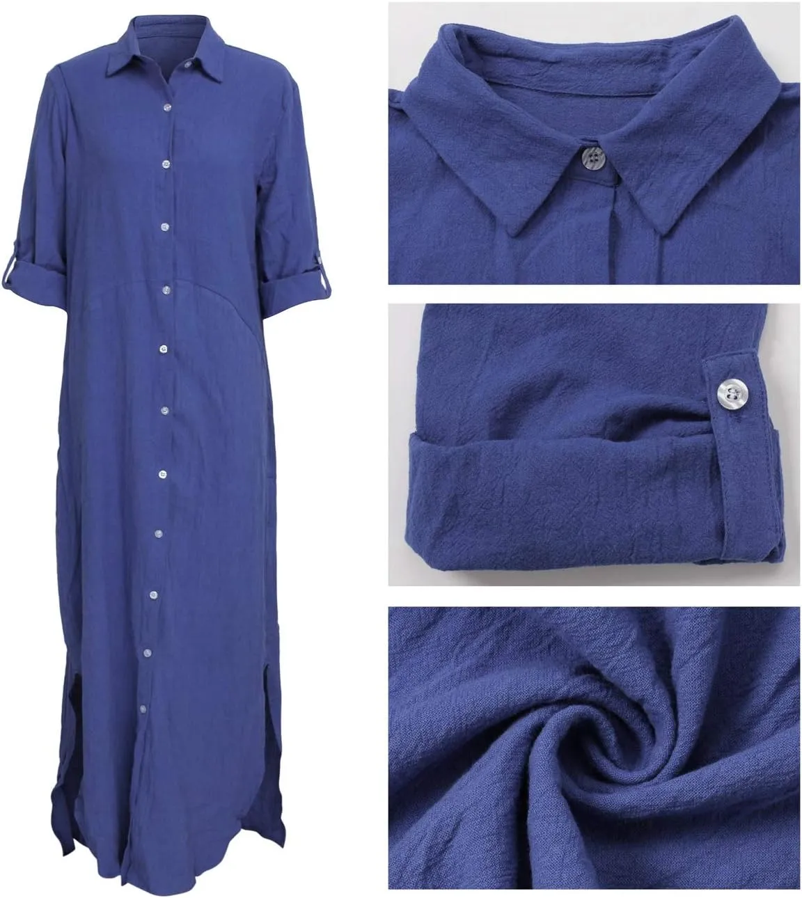 Chatinction Women Solid Color 3/4 Rolled-Up Sleeve Dress Sexy Buttons Down Side Slit Shirts Maxi Dresses