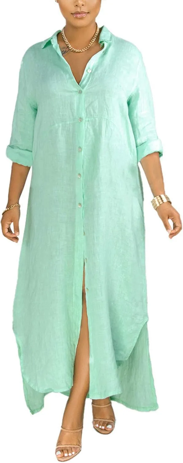 Chatinction Women Solid Color 3/4 Rolled-Up Sleeve Dress Sexy Buttons Down Side Slit Shirts Maxi Dresses