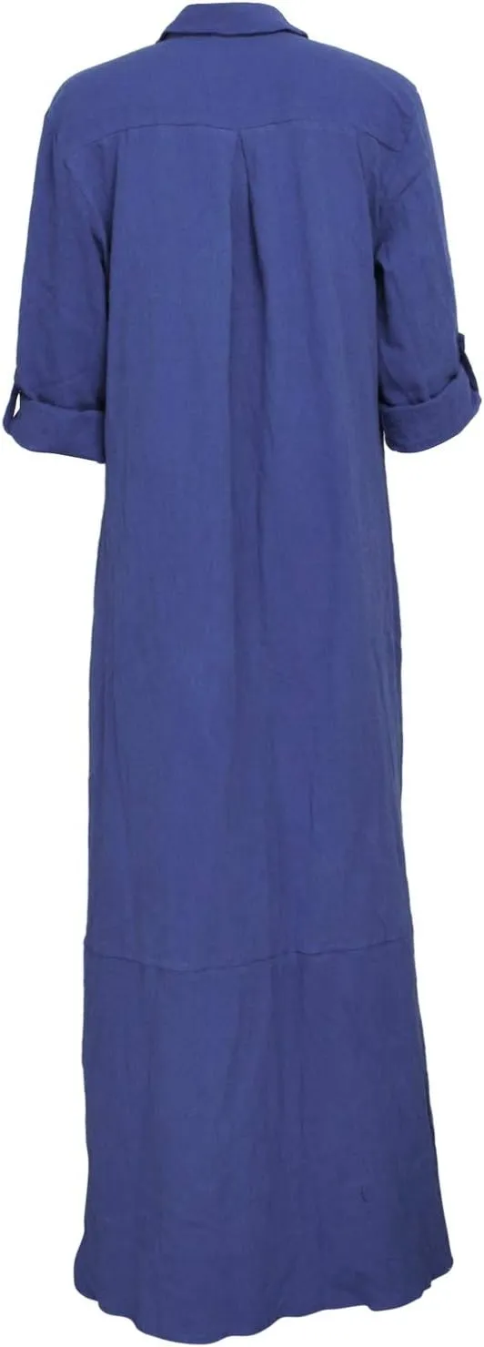 Chatinction Women Solid Color 3/4 Rolled-Up Sleeve Dress Sexy Buttons Down Side Slit Shirts Maxi Dresses