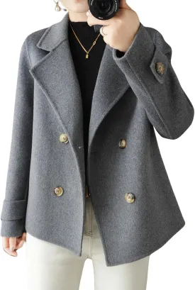 chouyatou Womens Fall Winter Casual Business Wool Blend Coat Loose Double Breasted Dressy Blazer Pea Coat