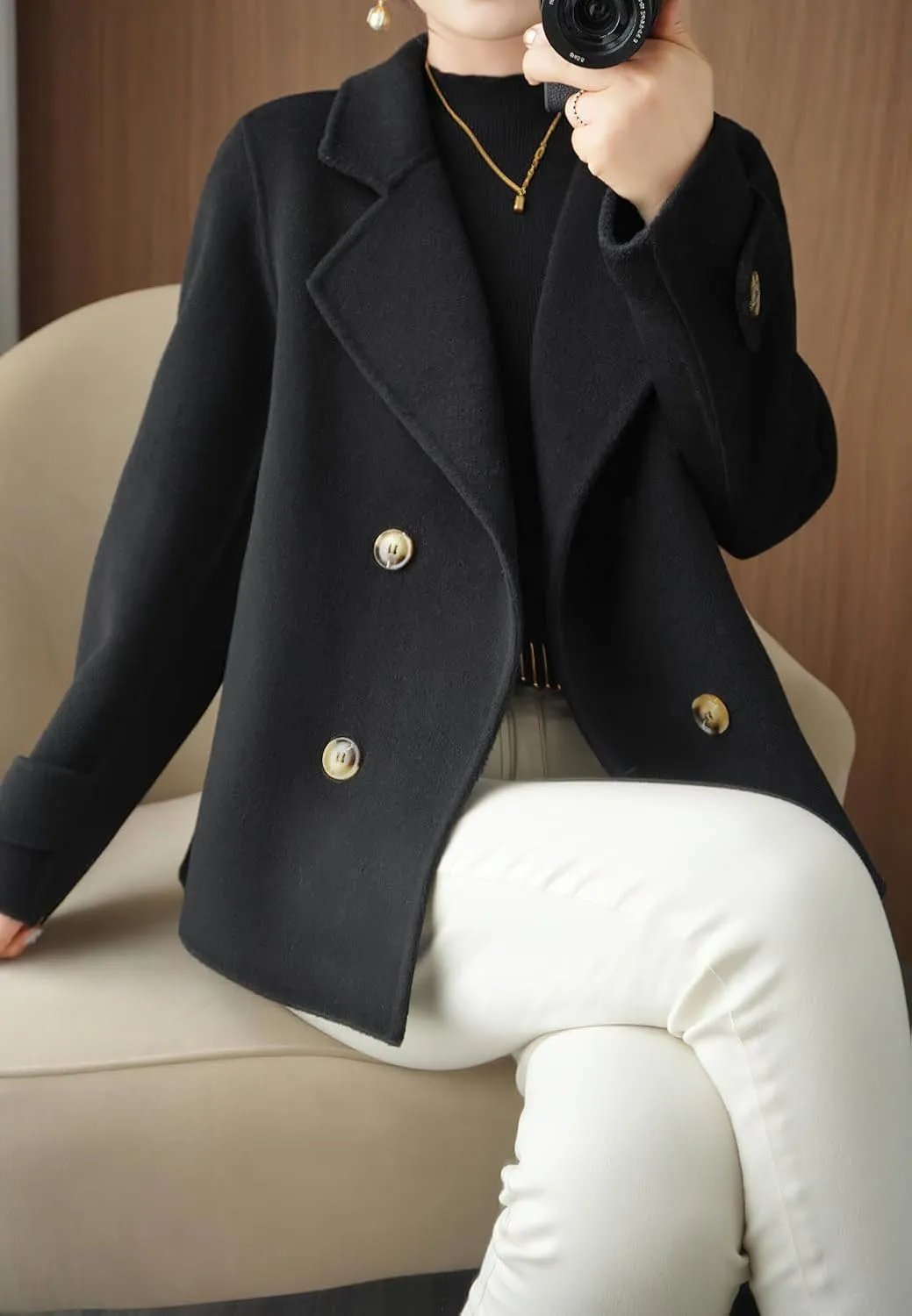 chouyatou Womens Fall Winter Casual Business Wool Blend Coat Loose Double Breasted Dressy Blazer Pea Coat