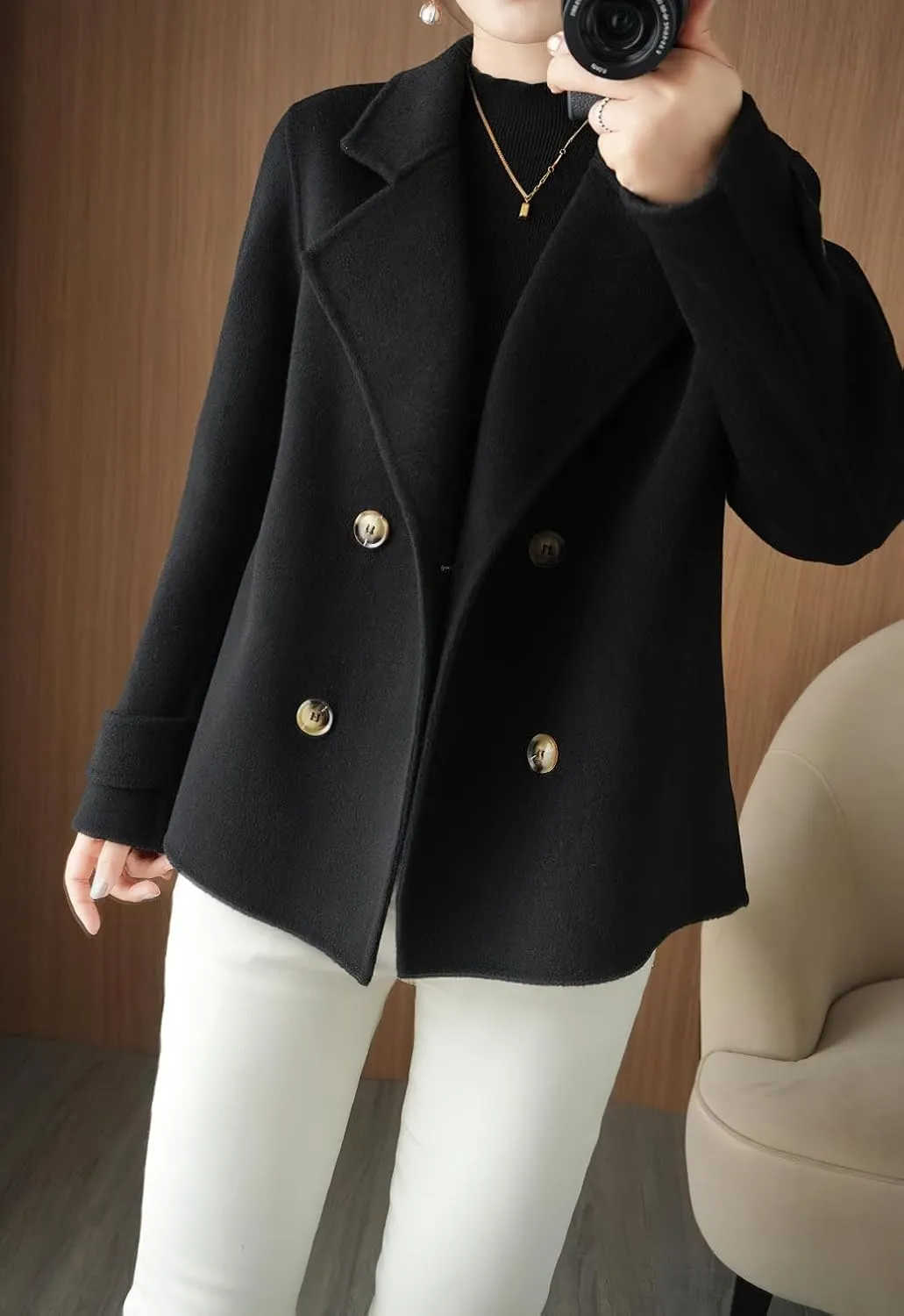 chouyatou Womens Fall Winter Casual Business Wool Blend Coat Loose Double Breasted Dressy Blazer Pea Coat