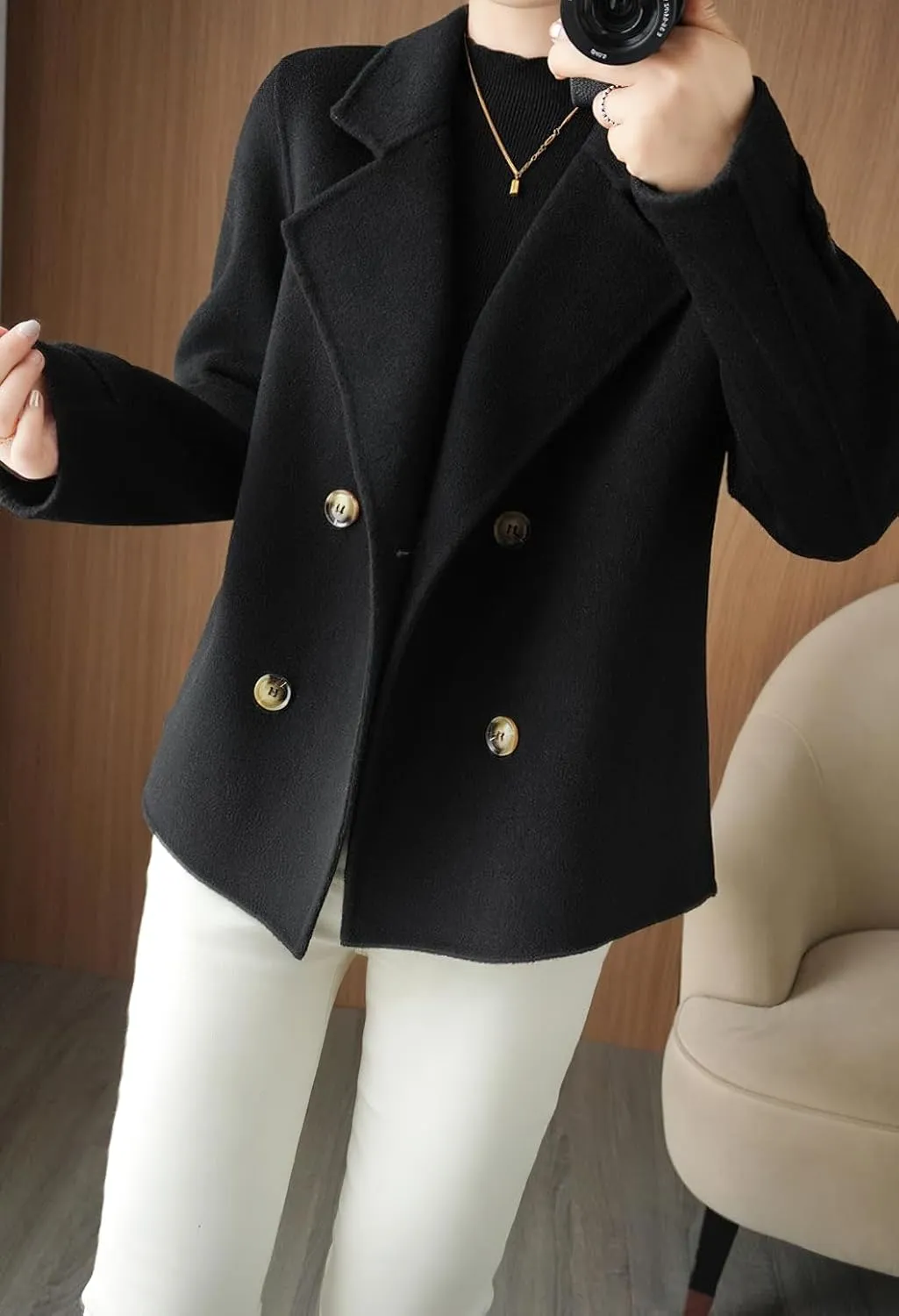 chouyatou Womens Fall Winter Casual Business Wool Blend Coat Loose Double Breasted Dressy Blazer Pea Coat