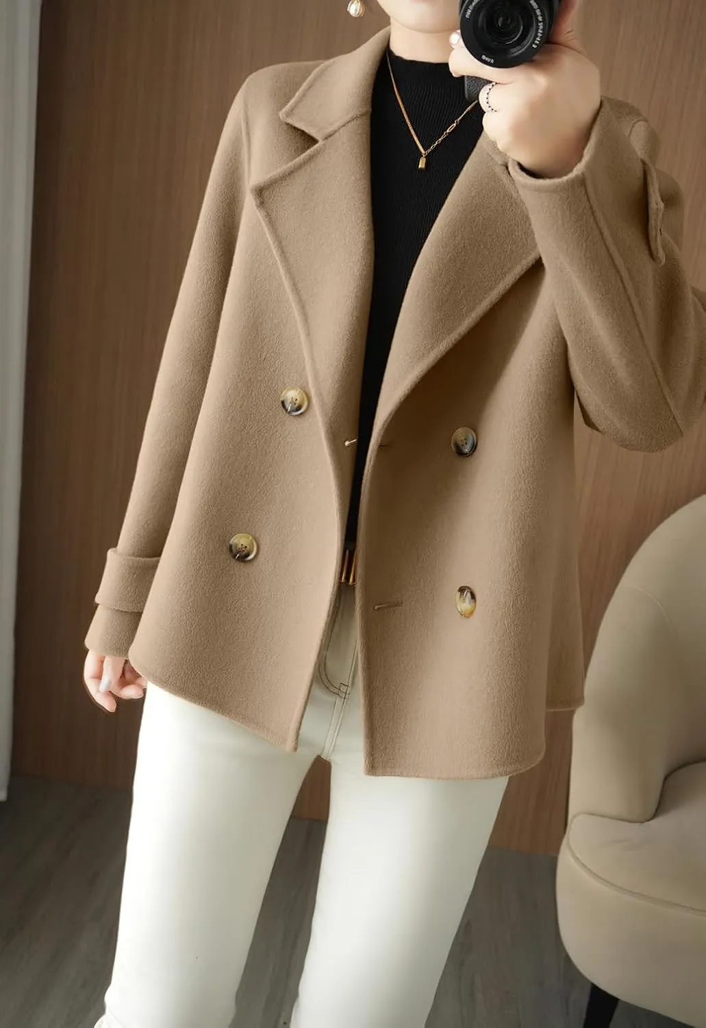 chouyatou Womens Fall Winter Casual Business Wool Blend Coat Loose Double Breasted Dressy Blazer Pea Coat