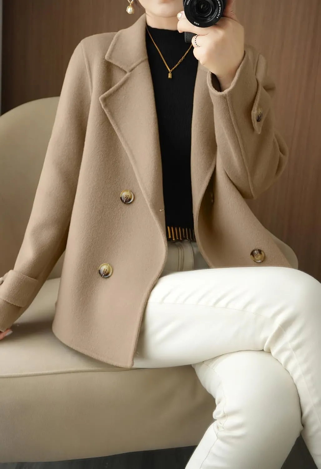 chouyatou Womens Fall Winter Casual Business Wool Blend Coat Loose Double Breasted Dressy Blazer Pea Coat