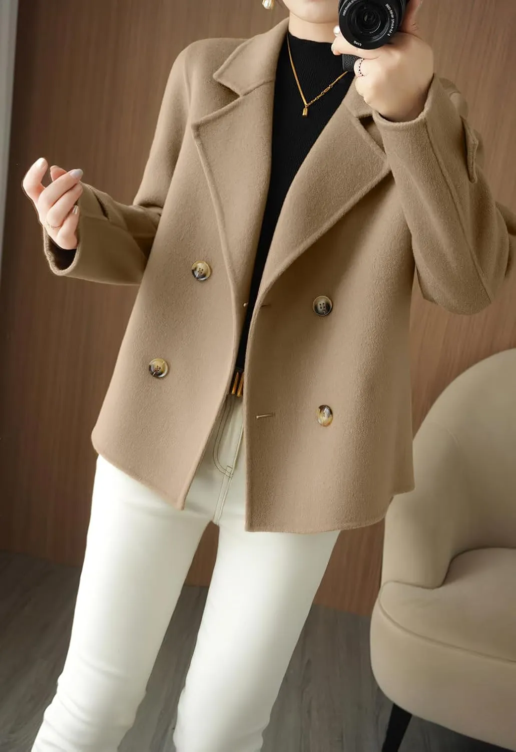 chouyatou Womens Fall Winter Casual Business Wool Blend Coat Loose Double Breasted Dressy Blazer Pea Coat