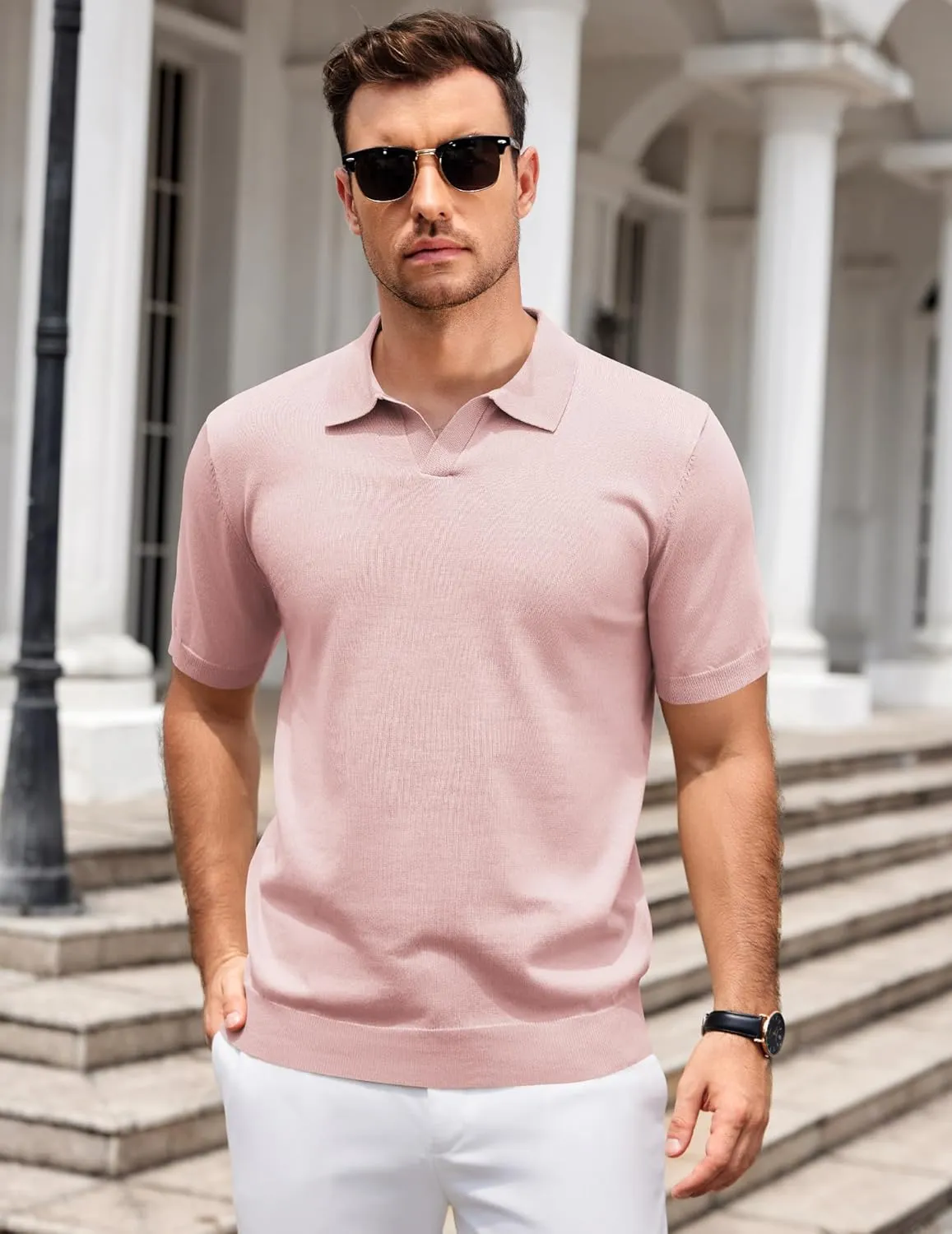 COOFANDY Mens Knit Polo Shirts V Neck Short Sleeve Stretch Polo T Shirt Casual Golf Shirts