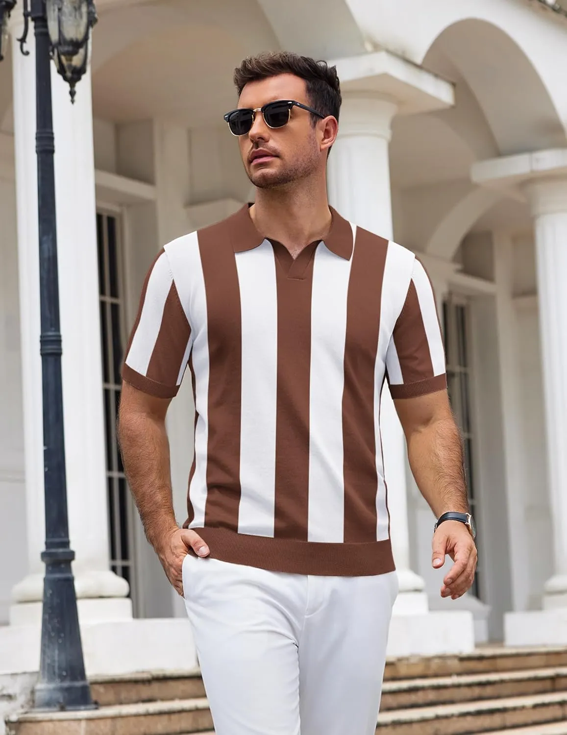 COOFANDY Mens Knit Polo Shirts V Neck Short Sleeve Stretch Polo T Shirt Casual Golf Shirts