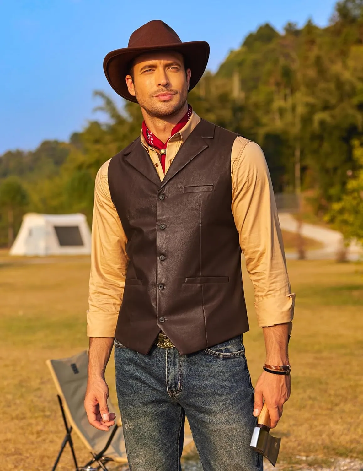 COOFANDY Men's Leather Suit Vest Casual Western Vest Jacket Lightweight V-Neck Dress Waistcoats