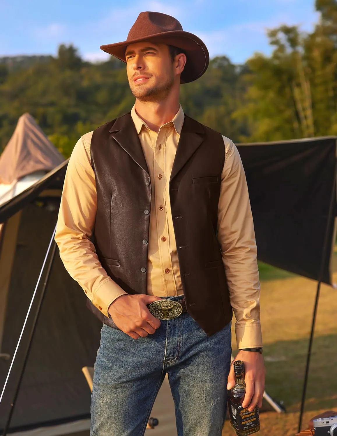 COOFANDY Men's Leather Suit Vest Casual Western Vest Jacket Lightweight V-Neck Dress Waistcoats
