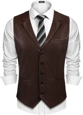 COOFANDY Men's Leather Suit Vest Casual Western Vest Jacket Lightweight V-Neck Dress Waistcoats