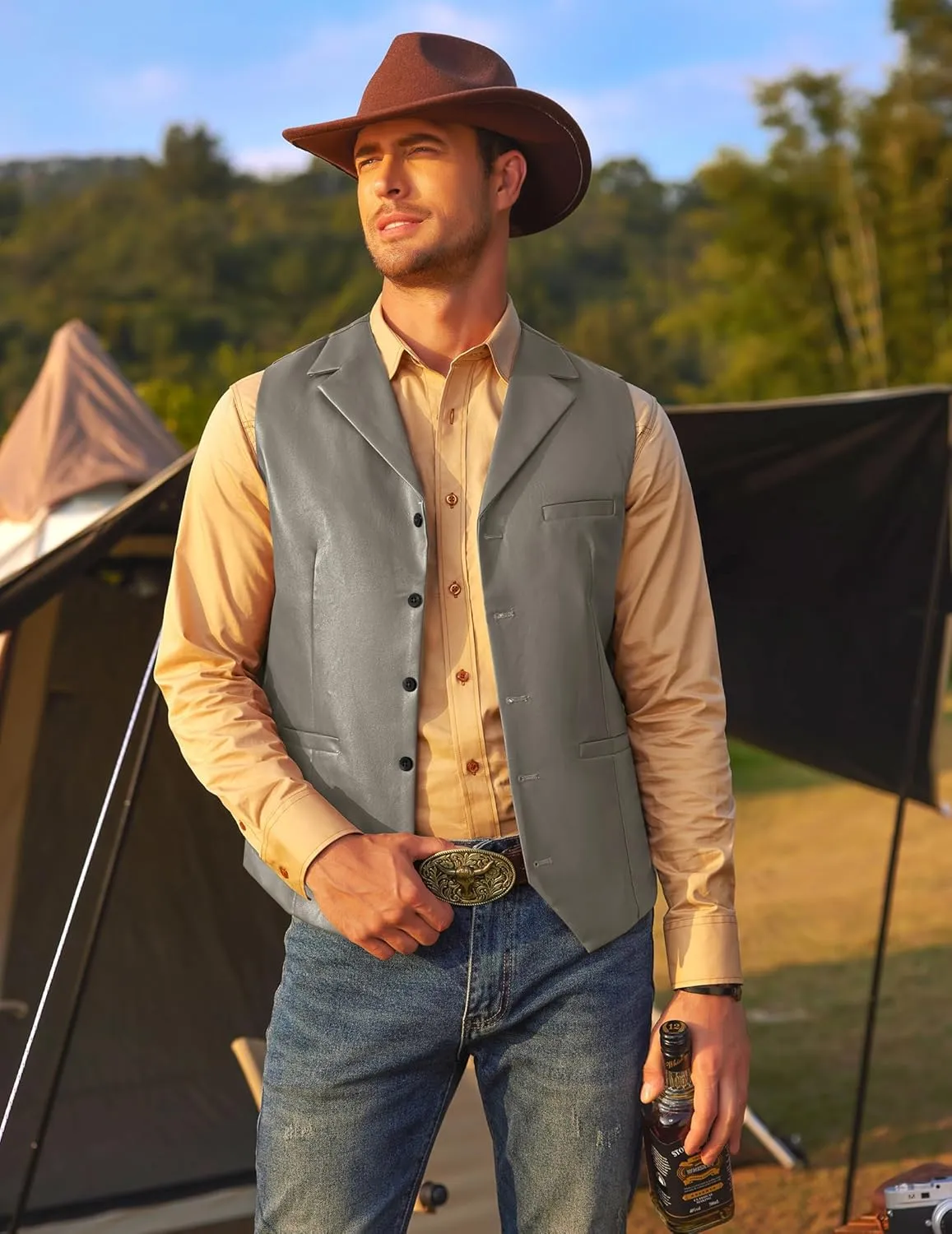 COOFANDY Men's Leather Suit Vest Casual Western Vest Jacket Lightweight V-Neck Dress Waistcoats