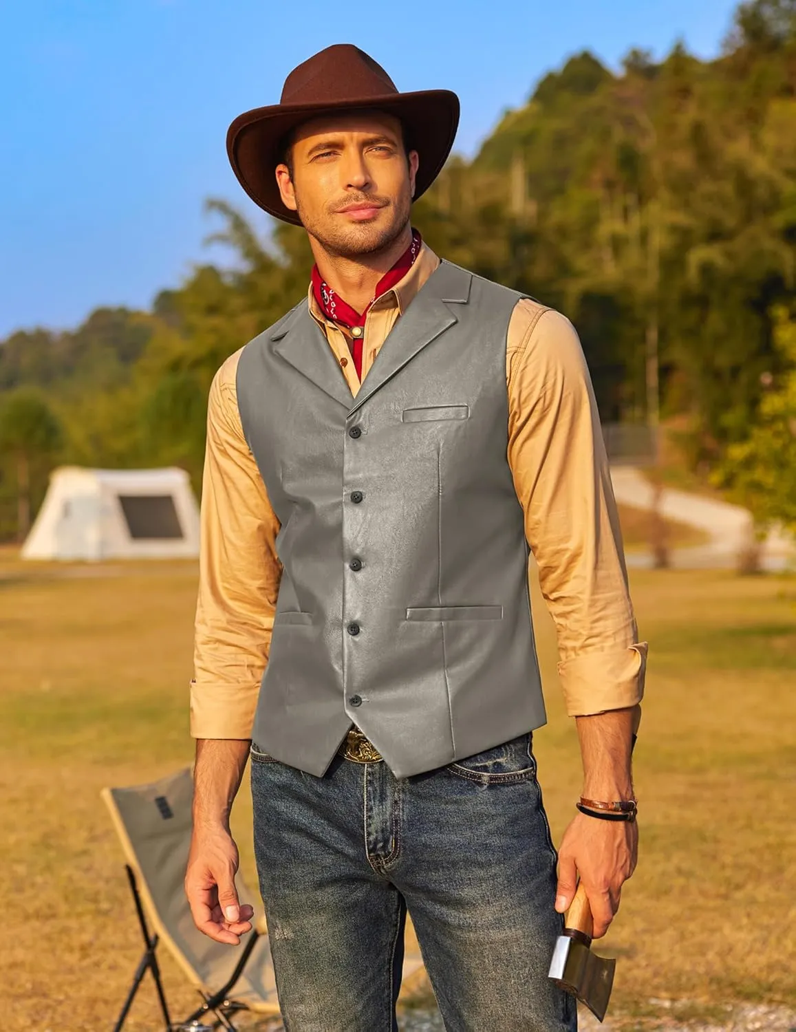COOFANDY Men's Leather Suit Vest Casual Western Vest Jacket Lightweight V-Neck Dress Waistcoats
