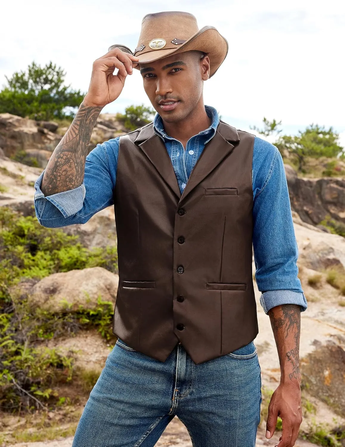 COOFANDY Men's Leather Suit Vest Casual Western Vest Jacket Lightweight V-Neck Dress Waistcoats