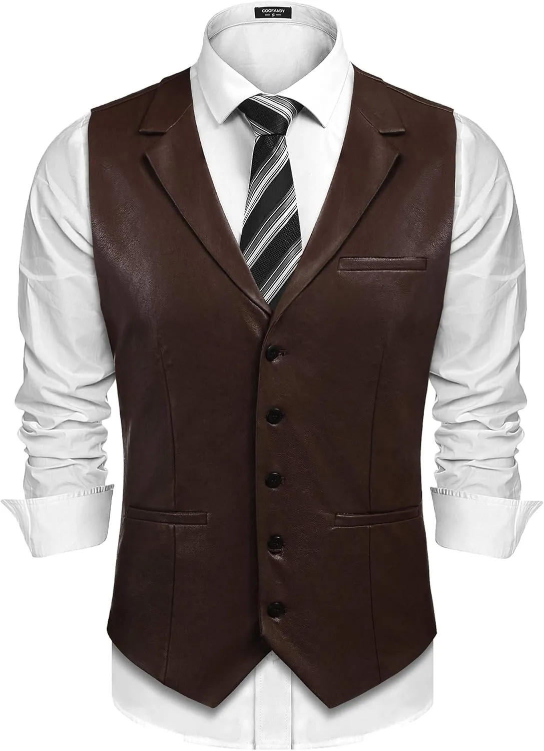 COOFANDY Men's Leather Suit Vest Casual Western Vest Jacket Lightweight V-Neck Dress Waistcoats